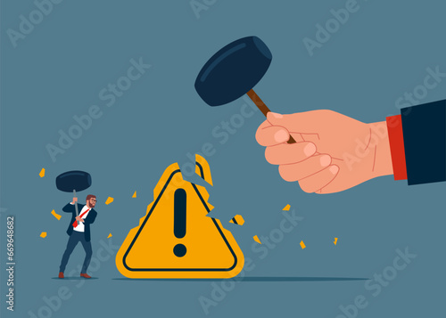 Censorship or Ransomware. Identify risk or critical failure concept. Big hand and tiny businessman using sledgehammer crash huge yellow exclamation attention sign. Vector Illustration.