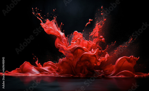 Bright red lipstick paint explosion and splash isolated dark background. Beauty industry concepts, advertising photo. Industrial print, concept background. 