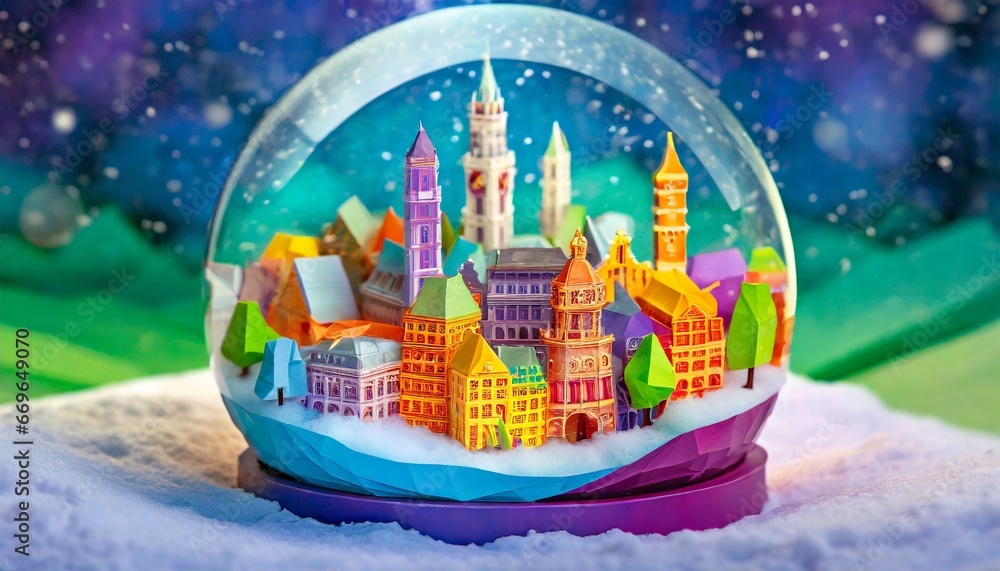 Illustration of a colorful holiday snow globe with a cityscape inside ...