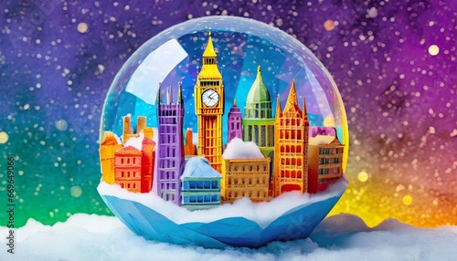 Illustration of a colorful holiday snow globe with a cityscape inside of it. Inside the snow globe are famous landmarks of London, United Kingdom. © iconimage