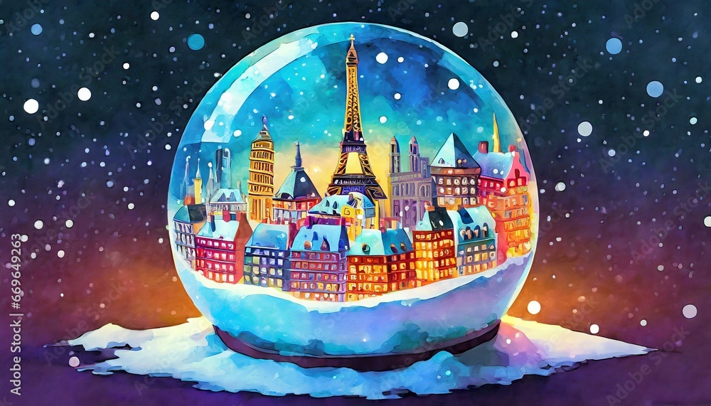Illustration of a colorful holiday snow globe with a cityscape inside ...