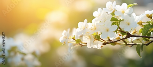 Spring sunlight illuminating white flowers