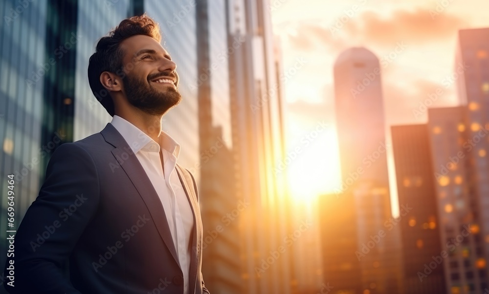 Happy wealthy rich successful business man standing in big city modern skyscrapers street on sunset thinking of successful future vision, dreaming of new investment opportunities. Happy wealthy rich successful business man standing in big city modern skyscrapers street on sunset thinking of successful future vision, dreaming of new investment opportunities.