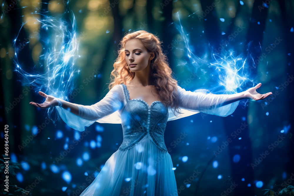 Young beautiful woman - fairy dance and conjures in the forest. fairy tale. Sorceress casts a magic spell Young beautiful woman - fairy dance and conjures in the forest. fairy tale. Sorceress casts a magic spell