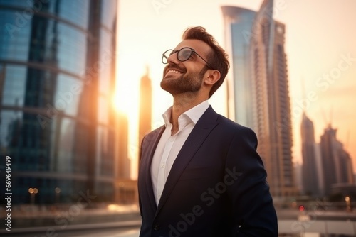 Happy wealthy rich successful business man standing in big city modern skyscrapers street on sunset thinking of successful future vision, dreaming of new investment opportunities.