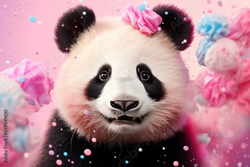 Fond abstrait de couleur pastel avec un joli panda, mini confettis. Idéal comme papier peint enfantin. IA générative, IA