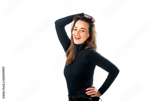 Elegant Woman Striking a Pose in a Sleek Black Bodysuit. A woman in a black bodysuit posing for a picture