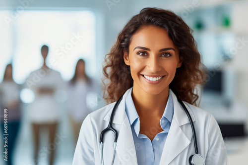 Confident young female doctor gp wear white coat stethoscope looking at camera standing with arms crossed in medical clinic office. Health care professional medic physician portrait.