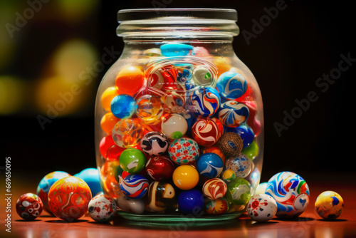 A jar of colorful marbles with intricate patterns.
