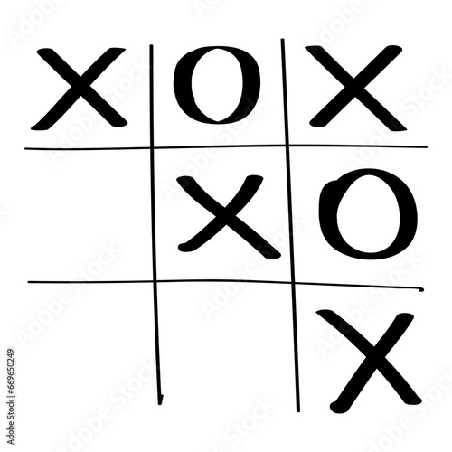 Tictactoe naughts and crosses game hand drawn vector illustration, isolated on white background.