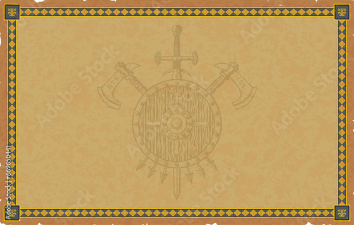 Medieval Coat of Arms on Parchment Background with Fleur de Lis Frame