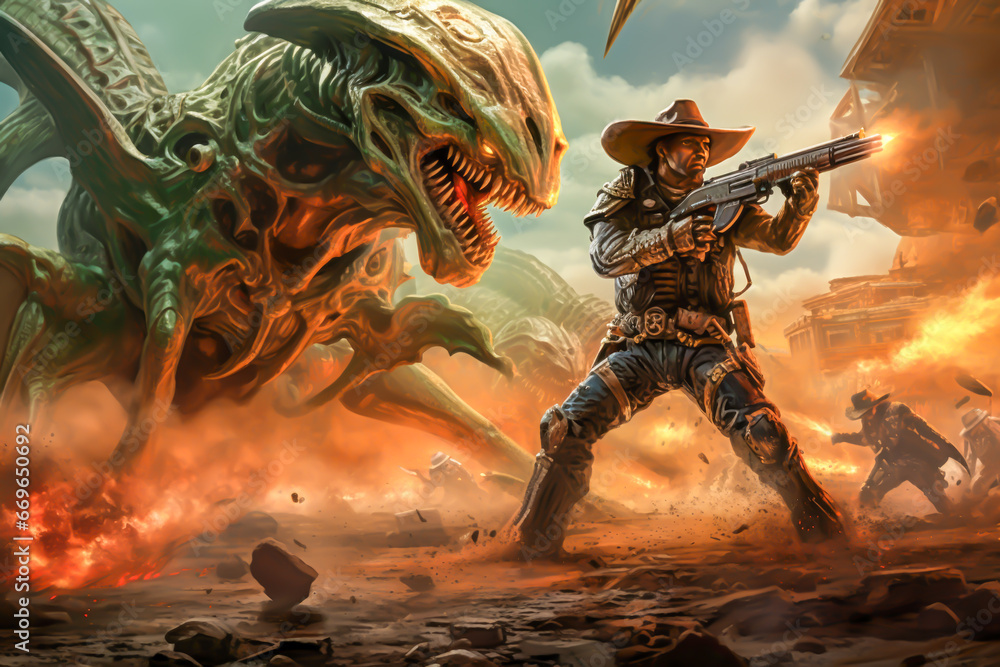 Alien cowboys in a showdown. Alien cowboys in a showdown.