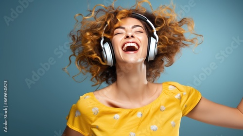 Joyful woman in yellow shirt sings with wireless headphones on blue background