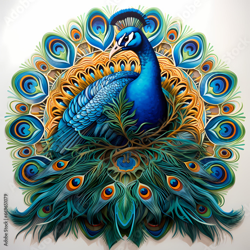 Peacock bird, mandala style, 3D illusion.