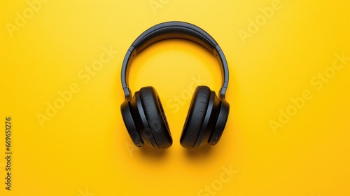 Vibrant Music Lifestyle: Black headphones pop on a sunny yellow background in this stylish flat lay. A trendy blend of fashion and tech, perfect for modern music enthusiasts