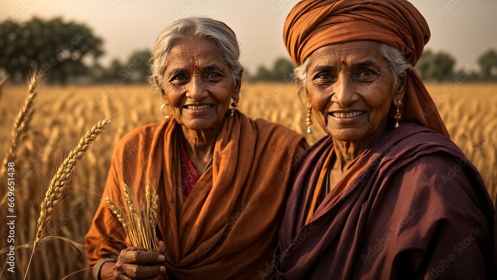 Happy Indian old woman farmer in wheat field. Happy Indian old woman farmer in wheat field.
