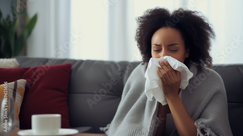 A Sick Day at Home: An African young woman sits on the sofa, covered with a blanket, battling a cold. She's seen blowing her nose and sneezing, struggling with flu and allergy symptoms
