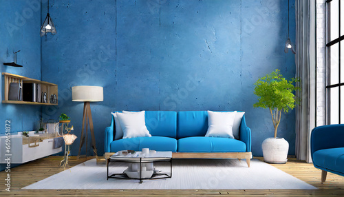 Loft and vintage interior of living room, Blue sofa on white flooring and blue wall ,3d rendering