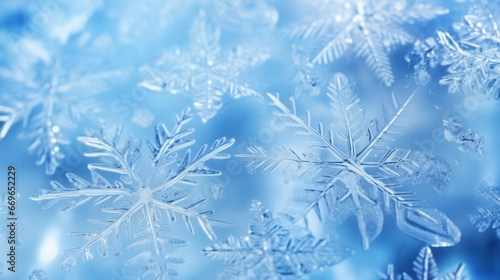 Background image of flying white snowflakes on a snowy blue background.