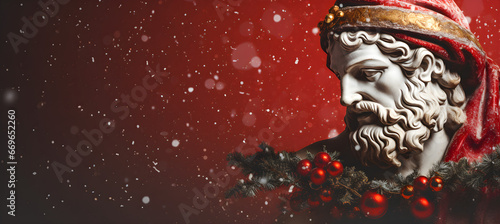 head of statue in Santa's hat on Christmas background