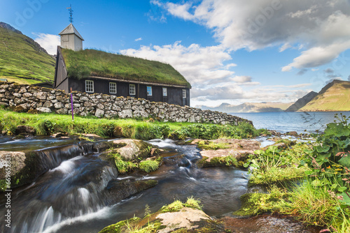  Grass roofed Church in the village of Funningur on the island of Eysturoy, Faroe Islands, Denmark photo
