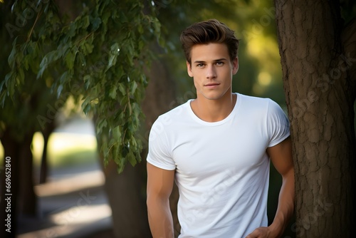 Outdoor Radiance with Young Man in White T-Shirt Amidst Nature's Glow. T-shirt Fashion Mockup Concept.