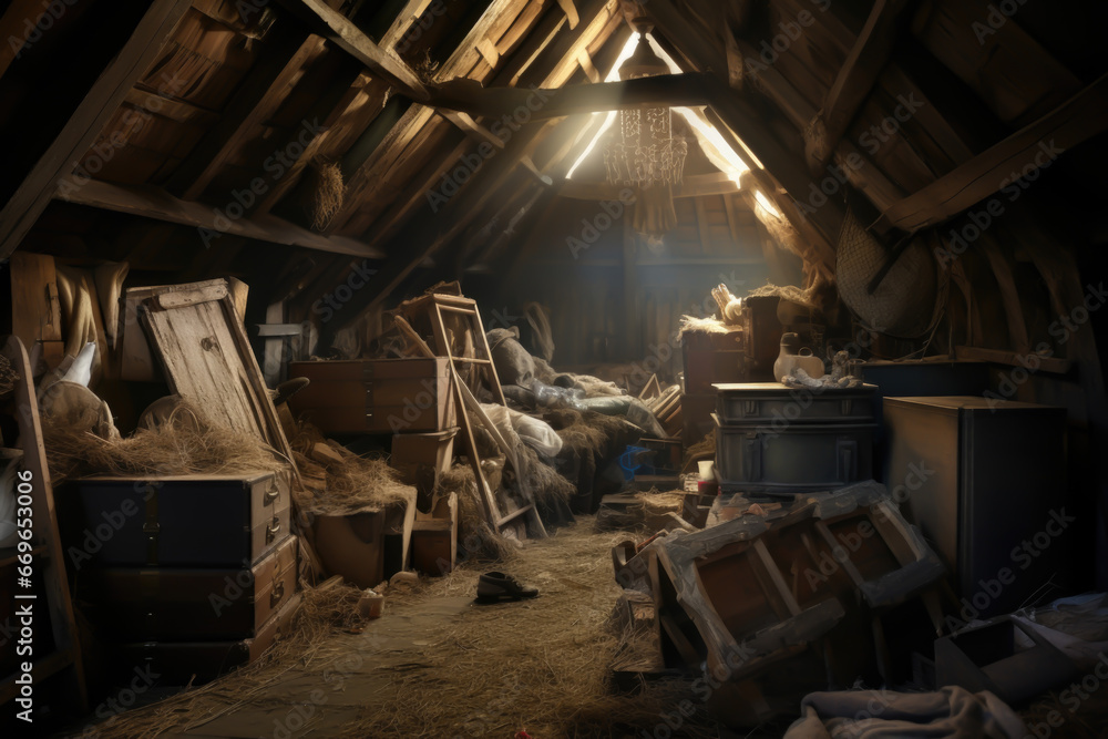 forgotten dusty attic filled with trunks and cobweb - obrazy, fototapety, plakaty 
