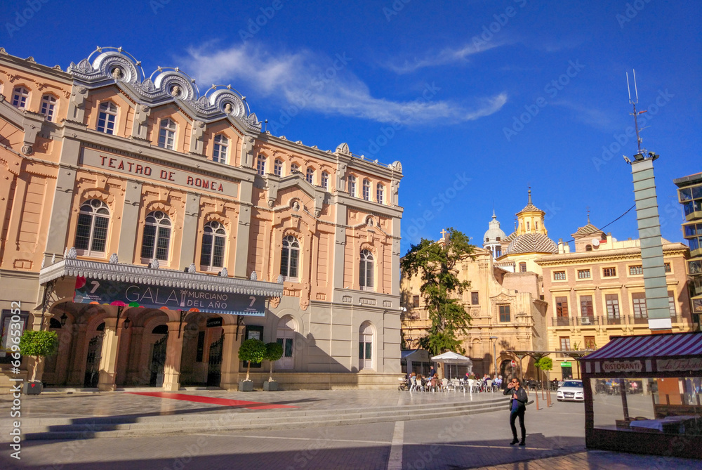 Main facade of the Teatro Romea, a classical theater in Murcia, Spain, theater square, city center, old case