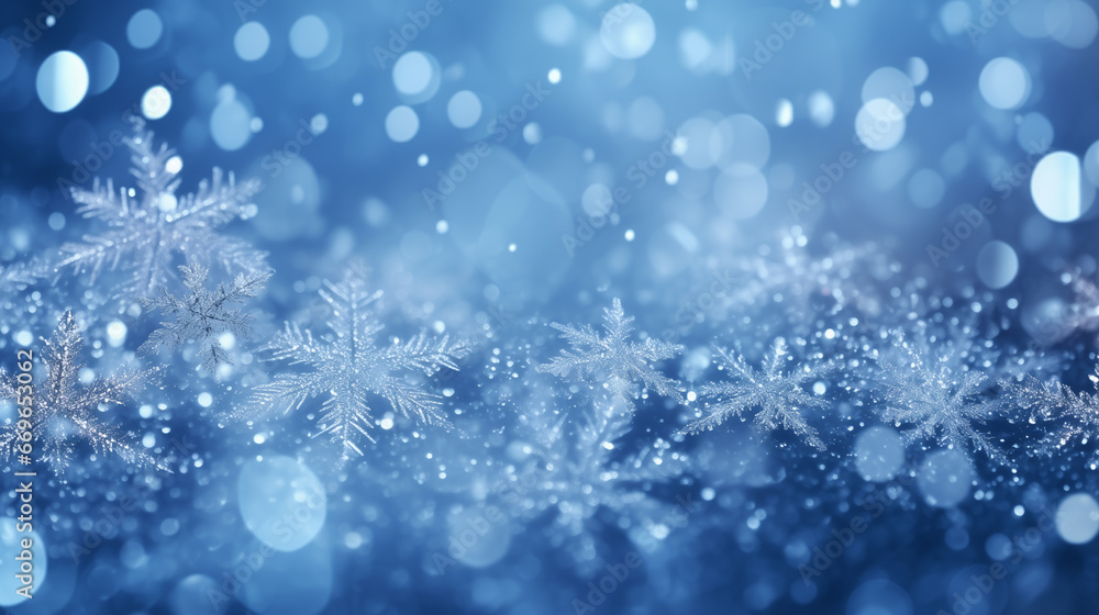 Background image of flying white snowflakes on a snowy blue background. Background image of flying white snowflakes on a snowy blue background.