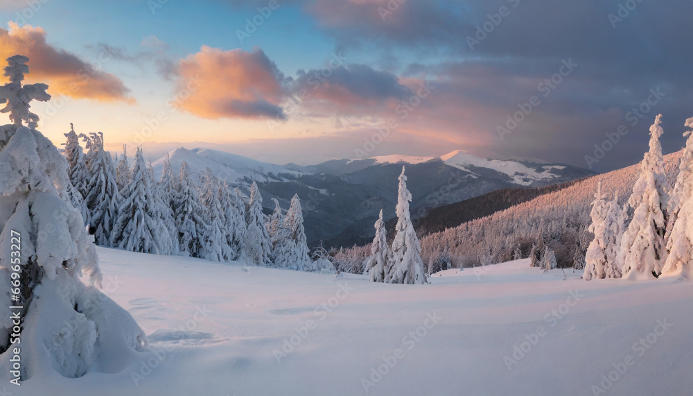 sunset on the mountain snowy hill trekking in the winter forest picturesque evening scene of carpathian mountains ukraine europe christmas postcard