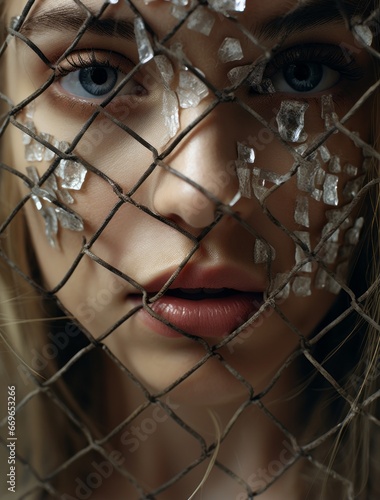 Captivating gaze through netted barrier the delicate balance of beauty and vulnerability.