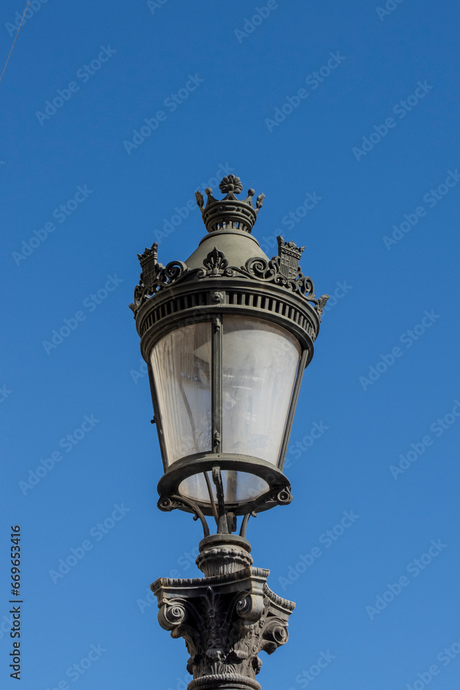 Old ornate iron street light in Barcelona, Catalonia, Spain, Europe
