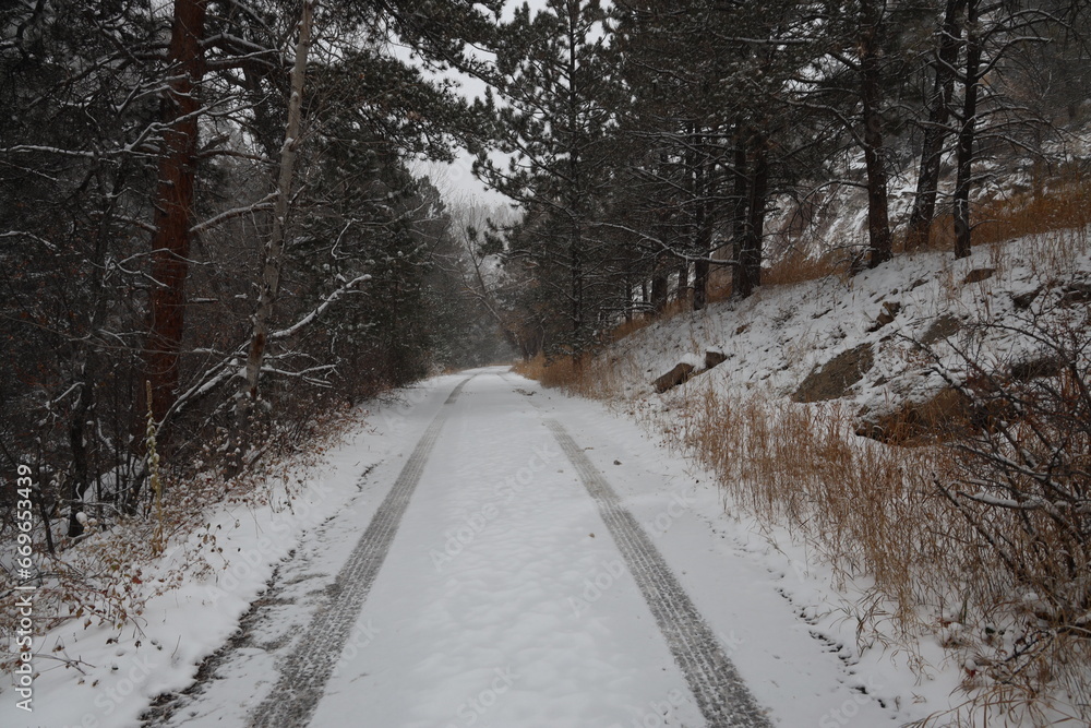 Road with snow and forest in the background in Colorado, United States. Road with snow and forest in the background in Colorado, United States.