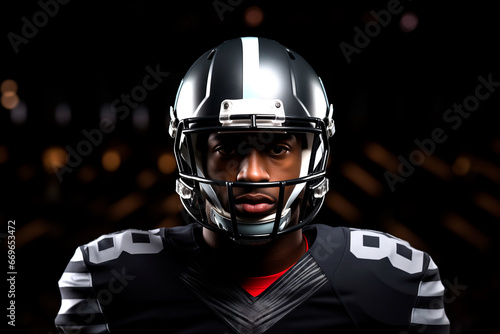 Front view of a player of American football with his equipment.