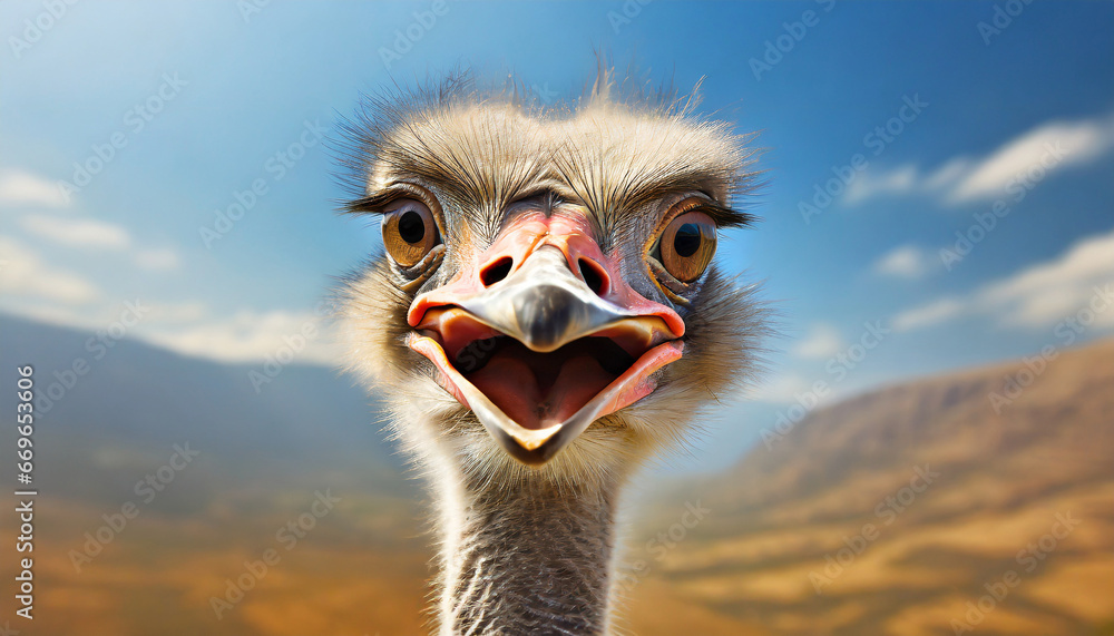 funny ostrich smiling portrait - obrazy, fototapety, plakaty 