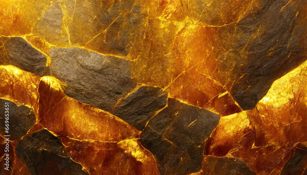 halloween orange black rock texture with gold veins and golden boulders medieval dungeon stone wall glowing yellow background for copy space granite horizontal mobile web banner grunge backdrop