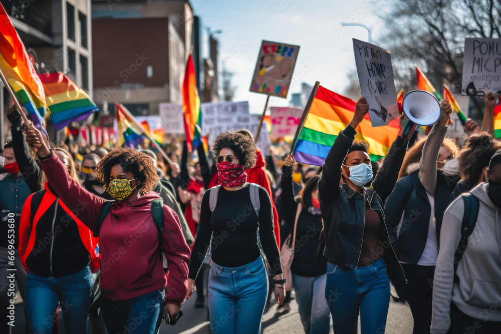 Group of protesters marching for equality act - obrazy, fototapety, plakaty 