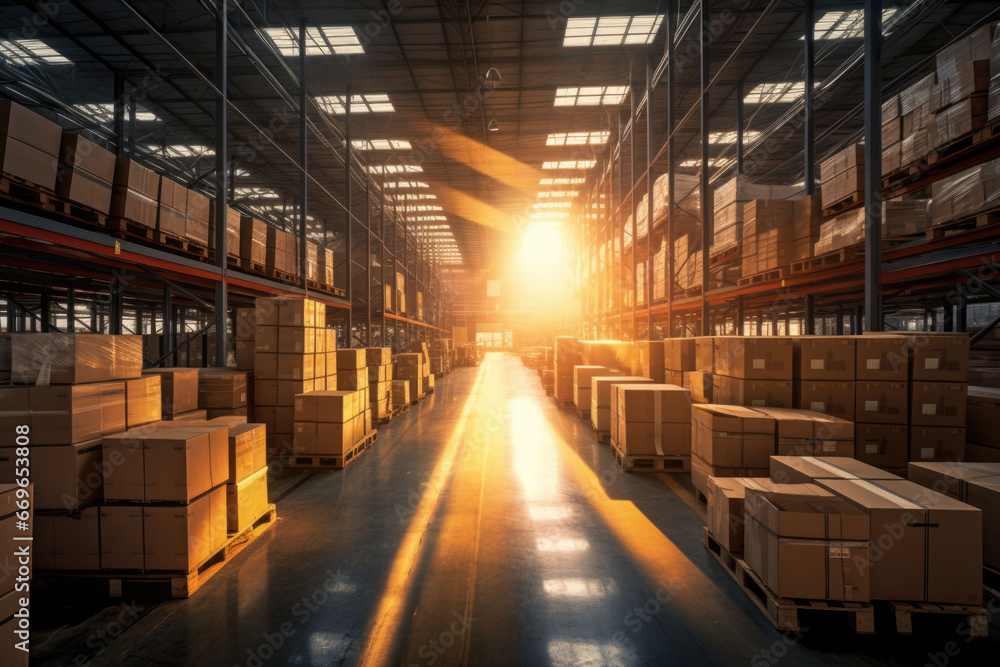 Fototapeta premium Modern contemporary warehouse with warm sunlight filtering through rows of goods. AI generated