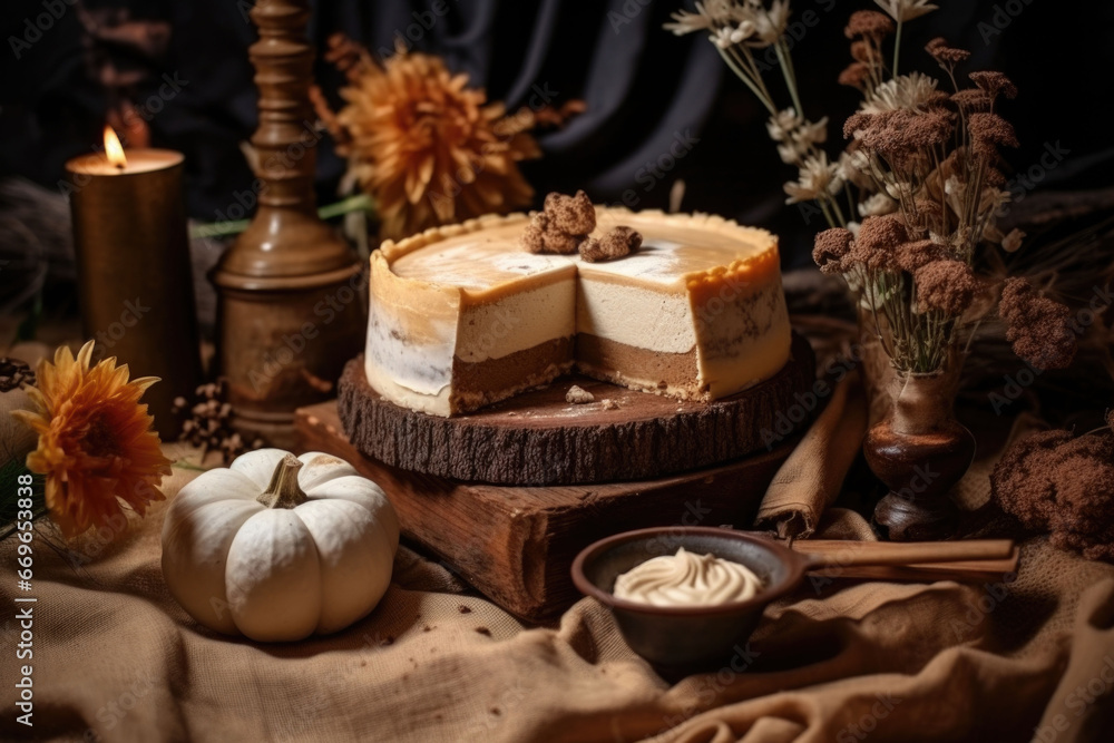 Pumpkin butter cheesecake with caramel topping. Generative AI Pumpkin butter cheesecake with caramel topping. Generative AI