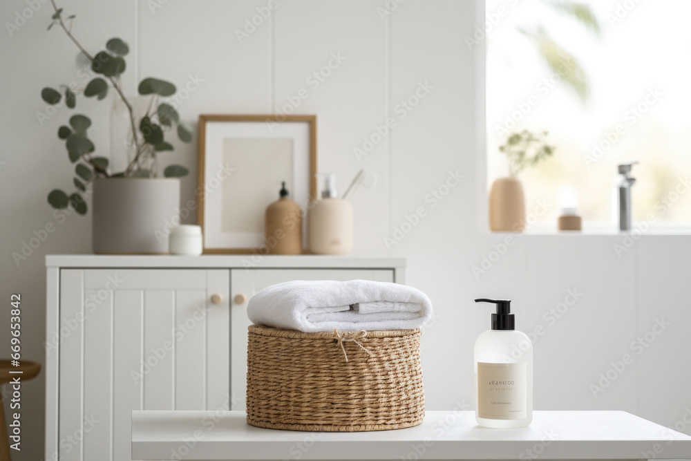 Corner of the bathroom cabinet. Shelving unit and baskets with clean towels and toiletries. Generative AI Corner of the bathroom cabinet. Shelving unit and baskets with clean towels and toiletries. Generative AI