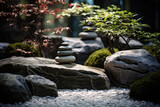 Japanese rock garden with carefully placed stones, plants and sand. Generative AI