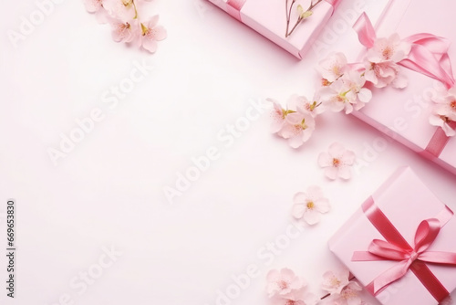 Pink gifts boxes on pink background with flowers. Generative AI © barmaleeva
