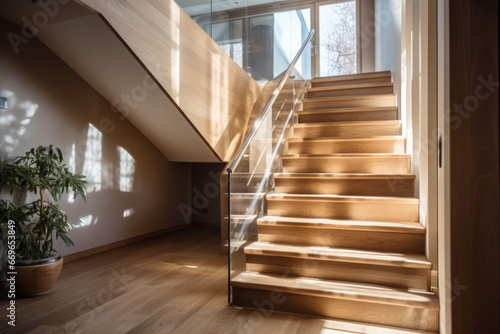 Wooden staircase to first floor inside contemporary house. Generative AI