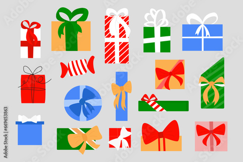Gift giving season banner. Set of Christmas gifts in geometric wrapping paper. Vector top view illustration of Christmas presents for social media, blog articles on gift guide and giveaway themes.