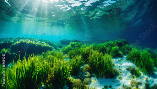 underwater view of a group of seabed with green seagrass high quality photo