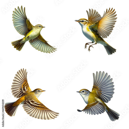 A set of male and female Warbling Vireos flying on a transparent background
