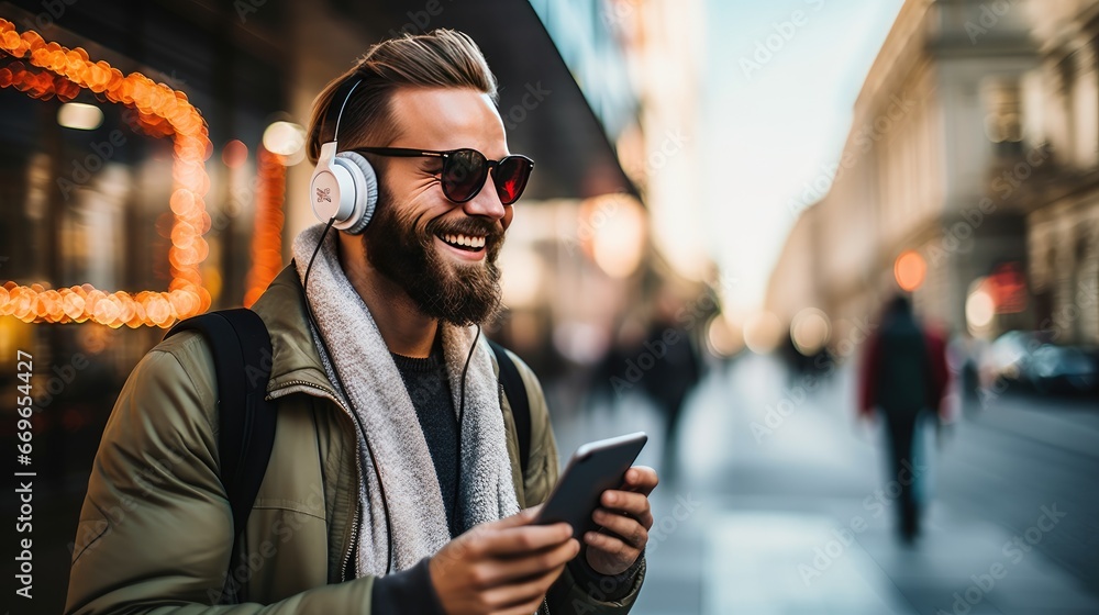 Attractive Hispanic man stands on a dark city street, changing songs on his smartphone, immersed in music with wireless headphones Attractive Hispanic man stands on a dark city street, changing songs on his smartphone, immersed in music with wireless headphones