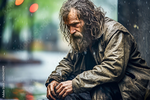 Homeless man seeking shelter in the rain