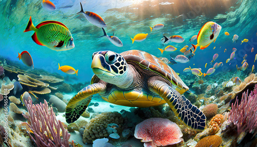 turtle with group of colorful fish and animals around sea generate ai