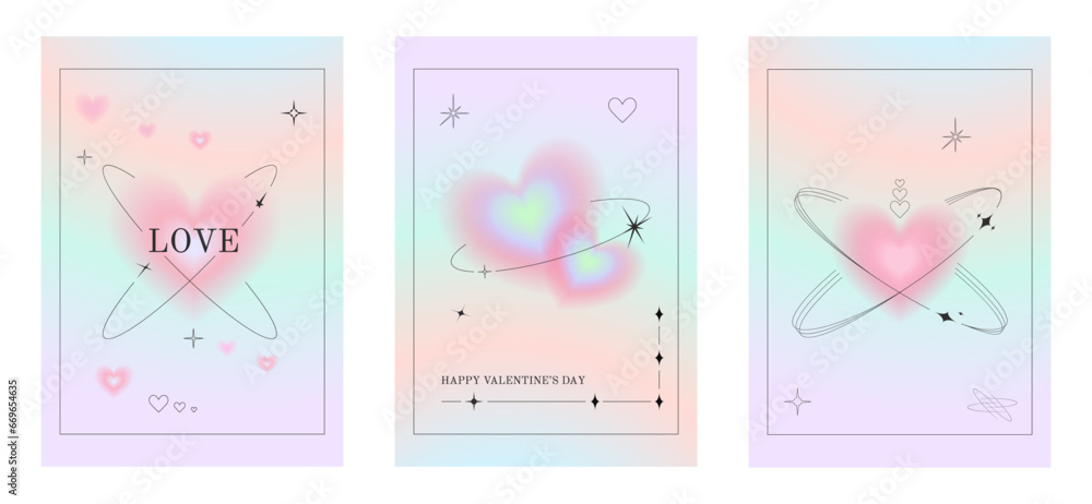 Fototapeta premium Greeting cards for Valentine's Day. Trendy minimalist aesthetic style with gradients and typography, y2k. Social media story templates for digital marketing and sales promotion. Fashion advertising. 